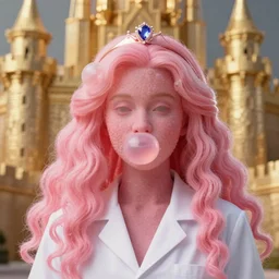 portrait of real life princess bubblegum, pink bubblegum textured skin, long thick hair strands made of bubblegum, wearing a thin gold tiara with a sapphire gem, wearing a white lab coat, golden castle background, photorealistic, portrait lighting, rembrandt lighting, 3 d, octane render
