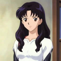 close portrait. interior bg. screenshot of a scene in neongenesisevangelion of miss katsuragi misato painted by norman rockwell. character designed by hideaki anno. long shoulderlength wavy! dark purple hair. 1 9 9 0 s attire. composition. digital. lighting by james gurney. trending on artstation. masterpiece. artgerm. mucha. rutkowski.