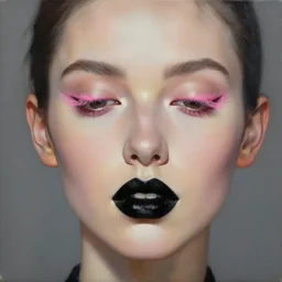 hyperrealism oil painting, fashion model portrait, black lips, pink eyelashes