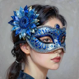 masquerade ball mask, korean audrey hepburn, vogue magazine, elle magazine, greg rutkowski, john singer sargent, trending on artstation, anime, oil painting, side profile portrait, looking right, blue sapphire sunflower mandala, intricate