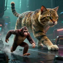 a 🐭 fleeing & a huge 🐱, by mark ryden in cyberpunk environment, 4 k ultra high resolution, horror, long camera shot