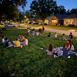an american neighborhood kids party at night, big garden, street, lot of grass