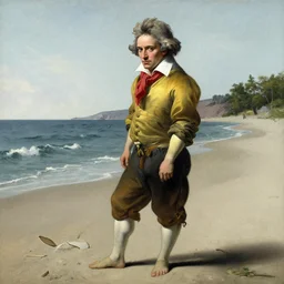Beethoven wearing jorts on the beach, by Vermeer