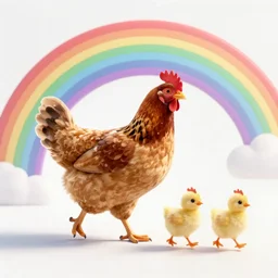 a hen and her two chicks walking over a rainbow movie by nuri iyem, james gurney, james jean, greg rutkowski, anato finnstark. pixar. hyper detailed, 5 0 mm, award winning photography, perfect faces