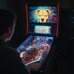 pitbull playing a pitbull pinball machine, over the shoulder perspective, in 1 9 8 5, y 2 k cybercore, industrial low - light photography, still from a kiyoshi kurosawa movie