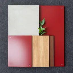 material sample board combining concrete, red painted metal, oak, plants, dark grey carpet, architectural finishes