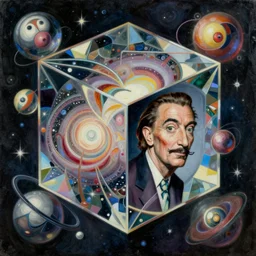 a hd surrealism painting of coherent 3d cast glass galactic hypercube sculptures by dali and kandinsky and salviadroid, ultra detailed, 4k, oil on canvas