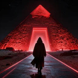 mysterious hooded figure in cloak walking on an invisible road towards a red big pyramid with big illuminating gateway in black space, global illumination, hip angle, hyper - realistic cinematic 8 k