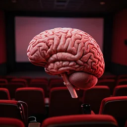 a brain watching a movie in a cinema, red black colour scheme,