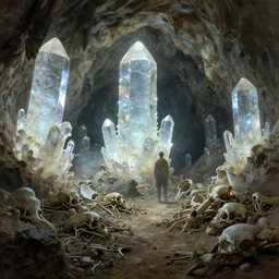 a cave with huge glowing crystals in the walls and piles of bones on the floor, art by donato giancola and greg rutkowski, epic composition