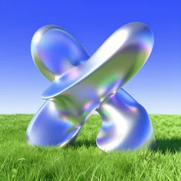 metallic abstract shapes in a meadow with blue sky. slick, futuristic design. colorful soft gradients, translucence. pre - 2 0 0 0 s era. 9 0's computer art, early computer graphics