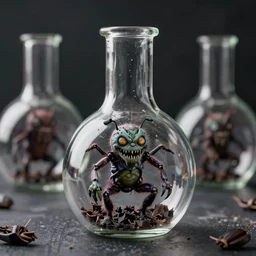 horror glass flasks antropomotphic monster inside, rendered in octane caustics subsurface scattering render 8 k