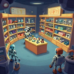 inside a store that sells robot parts, on a spaceship, from a point and click 2 d graphic adventure game, art inspired by [ [ thomas kinkade ] ] and [ mark keathley ]