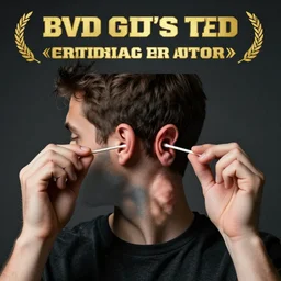 a man putting a long cotton swab so deep in his ear it gets out from the other ear, simmetric, dramatic award winning photo