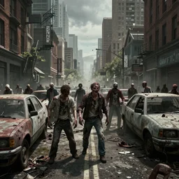 Zombie apocalypse, city street, zombies, zombies, zombies, abandoned vehicles, Octane Render