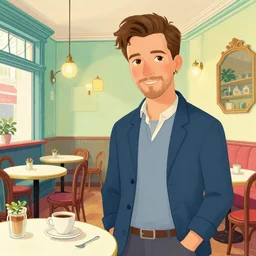 illustrated portrait of a victorian cafe interior, colorful, ( ( mads berg ) ), christopher balaskas, ( ( victo ngai ) ), rich grainy texture, detailed, dynamic composition, misty, wide angle, blue filter, ( ( stippled shadow ) )