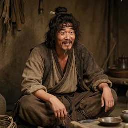 김상중 as an intelligent, cunning, playful  peasant man,  sits in a peasant hut. High detail, photorealistic, cinematic lighting, brown tones, atmospheric,  fantasy concept art by Artur Mósca, Craig Wylie, Daniel Gerhartz