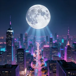 a cityscape with a big moon, vaporwave, synthwave, glowing neon lights, detailed illustration, octane render, god rays, intricate, epic lighting, cinematic composition, hyper realistic, 8 k resolution, unreal engine 5, by artgerm, tooth wu, dan mumford, beeple, wlop, artstation