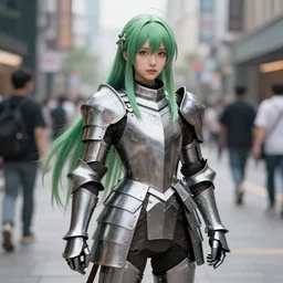 a masterpiece ultrarealistic ultradetailed photograph of a lifelike real anime girl that is dressed in steel plate armor, long green hairs, on a busy city street, photoreal image, art by wlop, photoreal, highly rendered, blender, unreal engine, readable, extremely detailed, trending on artstation, sharp focus, 4 k, by artgerm