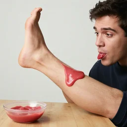 man eat his own leg with pink ketchup