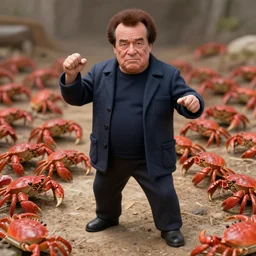 Detailed realistic Danny Devito standing fighting an army of small red crabs