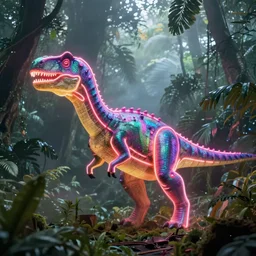 neon dinosaur in a foggy jungle by magali villeneuve and greg rutkowski