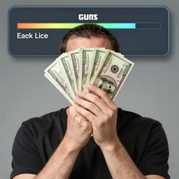 a man holding a bunch of money to his face, gta loading screen, digital art,