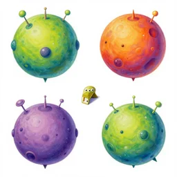 isometric bulbous alien planets in gouache detailed bright funny paintings rotated left rotated right props stylised hieronymus bosch