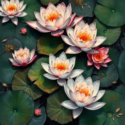 an intricate artistic painting of a beautiful wallpaper art pattern made of elegant water lilies with painterly motives and textures, hyper detailed, octane render, vivid colors, artstation, by jeremy mann, by alphonse mucha