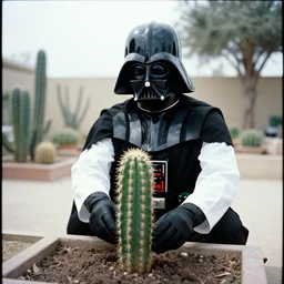 Darth Vader dressed as a scientist planting a cactus, 35mm photograph