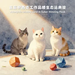 watercolor illustration style, cute! cats!!! chose different coloured geometric toys, inspiring art