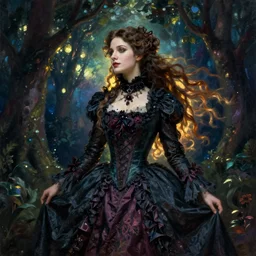 A beautiful victorian woman, gothic dress, flowing hair, oil painting, portrait, magical forest, night, glow, dramatic lighting, dramatic light, masterpiece, high detail, amazing composition, detailed, painted by Caspar David Friedrich