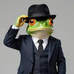 A photo of a sophisticated frog in a nice suit, he tips his hat