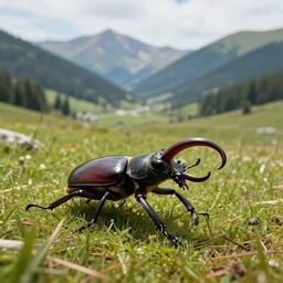 giant buffalo sized stag beetle roams around the valley, photorealistic picture, mountains are visible, small patches of forest