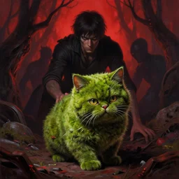 rescue from the underworld, shadows of the past, chubby moss kitten, by jeff easley and Dylan Kowalski, highly detailed, digital painting, HDRI, by vivid colors, high contrast, 8k resolution, intricate, photorealistic, smooth