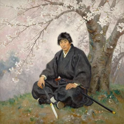 an oil painting of a samurai warrior sitting under a cherry tree with white blossoms, edward robert hughes, tony sart, sakimi chan