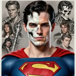 Christopher reeve!!! terminator skull exposed , superman costume, realistic shaded perfect face, fine details. not anime. Realistic shaded lighting poster by Ilya Kuvshinov katsuhiro, magali villeneuve, artgerm, Jeremy Lipkin and Michael Garmash, Rob Rey and Kentarõ Miura style, trending on art station
