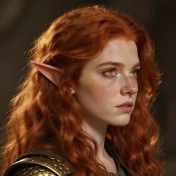 a profile picture of a feisty redheaded halfling young woman with freckles like brass scales, wavy shoulder-length hair, gold eyes, headshot, dungeons and dragons, digital art, D&D