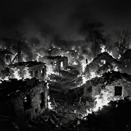 a ruined village, set ablaze. dark fantasy, film noir, black and white. high contrast, stephen gammell, d & d, osr