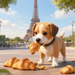 dog eating croissants in paris, unreal engine