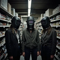 girls in welding masks in abandoned supermarket, ominous lighting, by richard avedon, tri - x pan stock