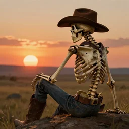 a wounded skeleton cowboy watching a sunset, concept art, DeviantArt, art station, illustration, highly detailed, artwork, cinematic, hyper realistic