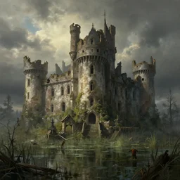 a ruined castle in a swamp, by greg rutkowski and thomas kinkade, digital art, realistic painting, very detailed, cinematic lighting, volumetric lighting 4 k, octane render, trending on artstation