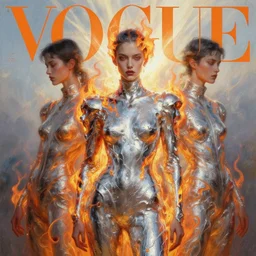 3 d, fashion model, flame, liquid silver, morning, sun rays, vogue cover style, poster art, high detail, intricate oil painting, multiple exposure, hell mood, hyperrealism, by tooth wu and wlop and beeple and greg rutkowski