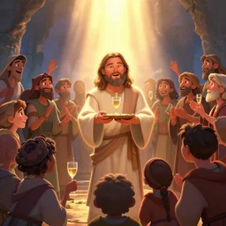 bearded leonardo dicaprio as jesus sharing bread and wine with the local community, joyful, holy rays of spiritual light, worship, pixar style, shaded lighting poster by magali villeneuve, artgerm, jeremy lipkin and michael garmash, rob rey and kentaro miura style, trending on art station