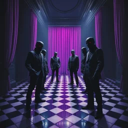 a hyperrealistic painting of the shadow elite, faceless suits standing in a dark room with purple curtains and black & white checkered floor tiles, cinematic horror, 8 k ultra, deep dramatic colours incredible detail, masterpiece composition by the art of skinner, chris cunningham, lisa frank, richard corben, highly detailed, vivid color,
