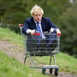Boris Johnson sitting inside a shopping-cart sliding down a very steep hill, anatomically correct, directed open gaze, symmetrical face