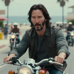beautiful hyperrealism three point perspective film still of Keanu Reeves as neo in bullet in a nice oceanfront promenade motorcycle chase scene in Matrix meets ronin(1990) extreme closeup portrait in style of 1990s frontiers in translucent porcelain miniature street photography fashion edition, focus on face, tilt shift style scene background, soft lighting, Kodak Portra 400, cinematic style, telephoto by Emmanuel Lubezki