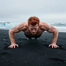 cinematic shot of giant symmetrical ginger handsome gym bro doing pushups in the middle of an endless black sand beach in iceland with icebergs in the distance,, 2 8 mm