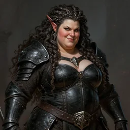 fat female dwarven woman smirking wearing tight black leather armor | complex elaborated long curly braided hair | big nose | beautiful plump body | intricate, highly detailed, digital painting, artstation, concept art, dungeons and dragons , art by jeff easley and ralph horsley